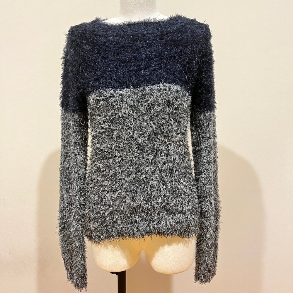 Saks Fifth Avenue Fuzzy Eyelash Knit Colorblock Sweater Blue Black Size S